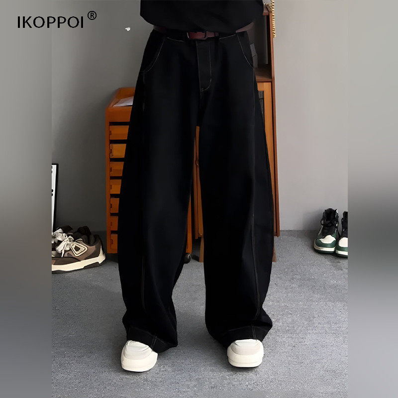 高端美式黑色休闲弯刀牛仔裤男款秋冬季阔腿裤立领裁剪显瘦直筒裤