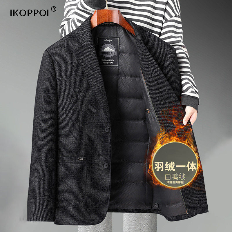 高端中年爸爸冬装外套男士西服秋冬季中老年人休闲加厚羽绒服西装