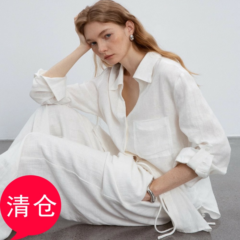 KEFI松弛随性 舒适V领亚麻衬衫 宽松版型简约防晒长袖衬衣