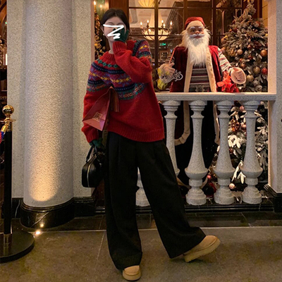 速发衣尔岛诞年复古红色毛费早圣过氛围感穿搭宽松慵懒风针织衫