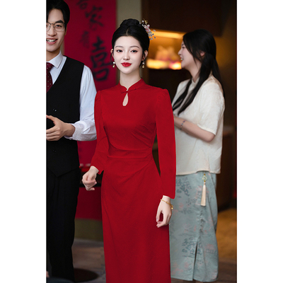 速发新订式旗袍敬酒服新娘红色中婚礼小服个子结婚回门连衣裙长袖