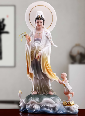 速发汉白玉石雕观音摆像家用善财童子拜观佛南海观世音菩萨像客厅
