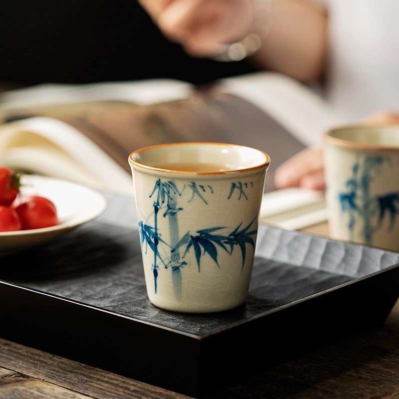 速发汝窑茶杯主人杯家用手绘陶瓷中式可乐杯个人泡茶开片可养单杯