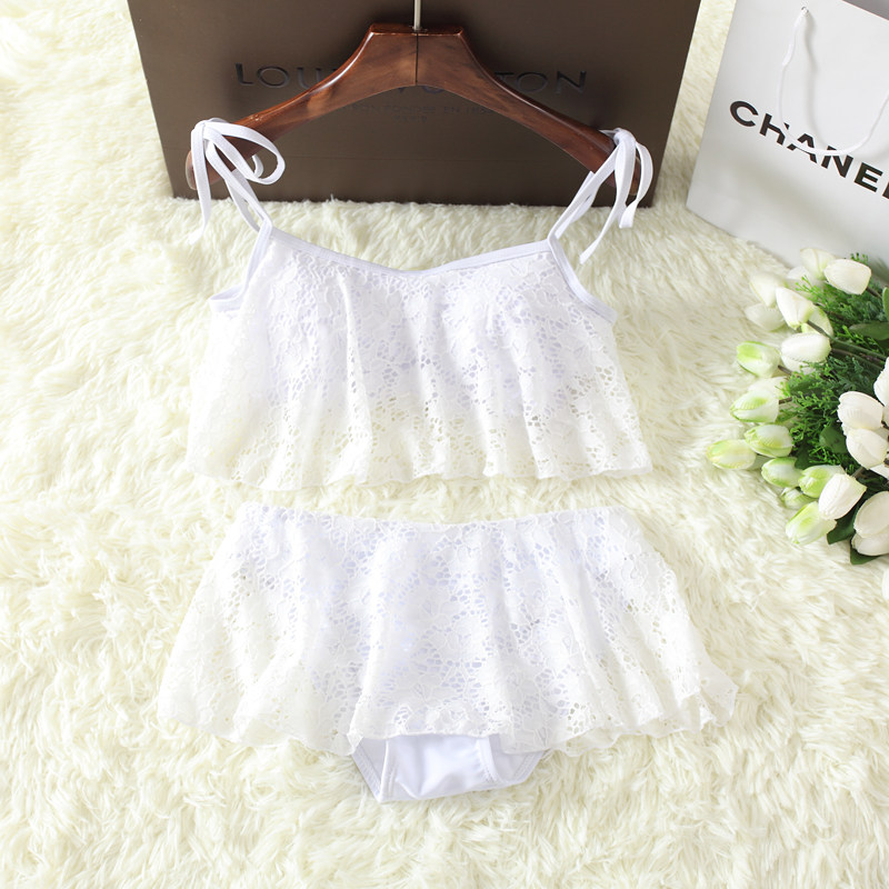 速发新款bikii白蕾丝小胸钢托聚拢裙式比基尼分体泳装