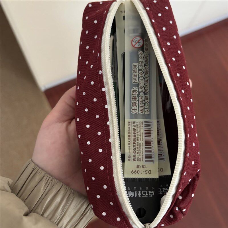 速发复古红色波点笔袋古早感可爱学生文具化妆品杂物收纳袋