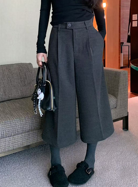 灰色羊毛呢八分阔腿裤巨巨巨显瘦今年爆款毛呢加厚裤休闲百搭时尚