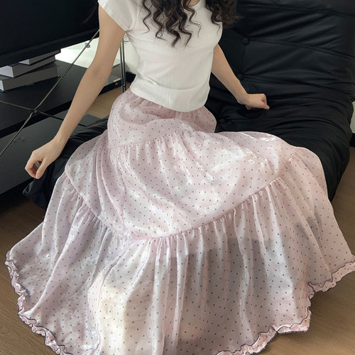 粉色木耳边波点半身裙女