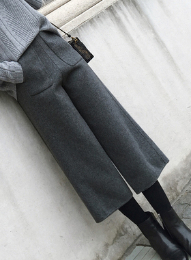 2025新款毛呢阔腿裤女秋冬九分裤小个子高腰休闲百搭灰色直筒阔腿