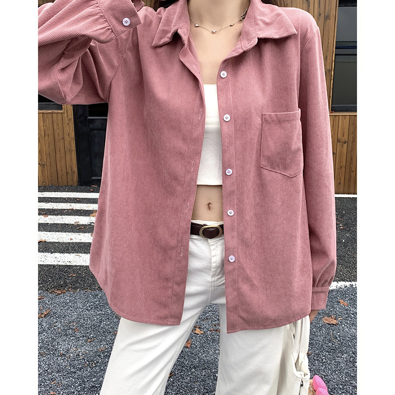 2026新款复古粉色灯芯绒衬衫外套女秋冬叠穿衬衣中长款百搭上衣