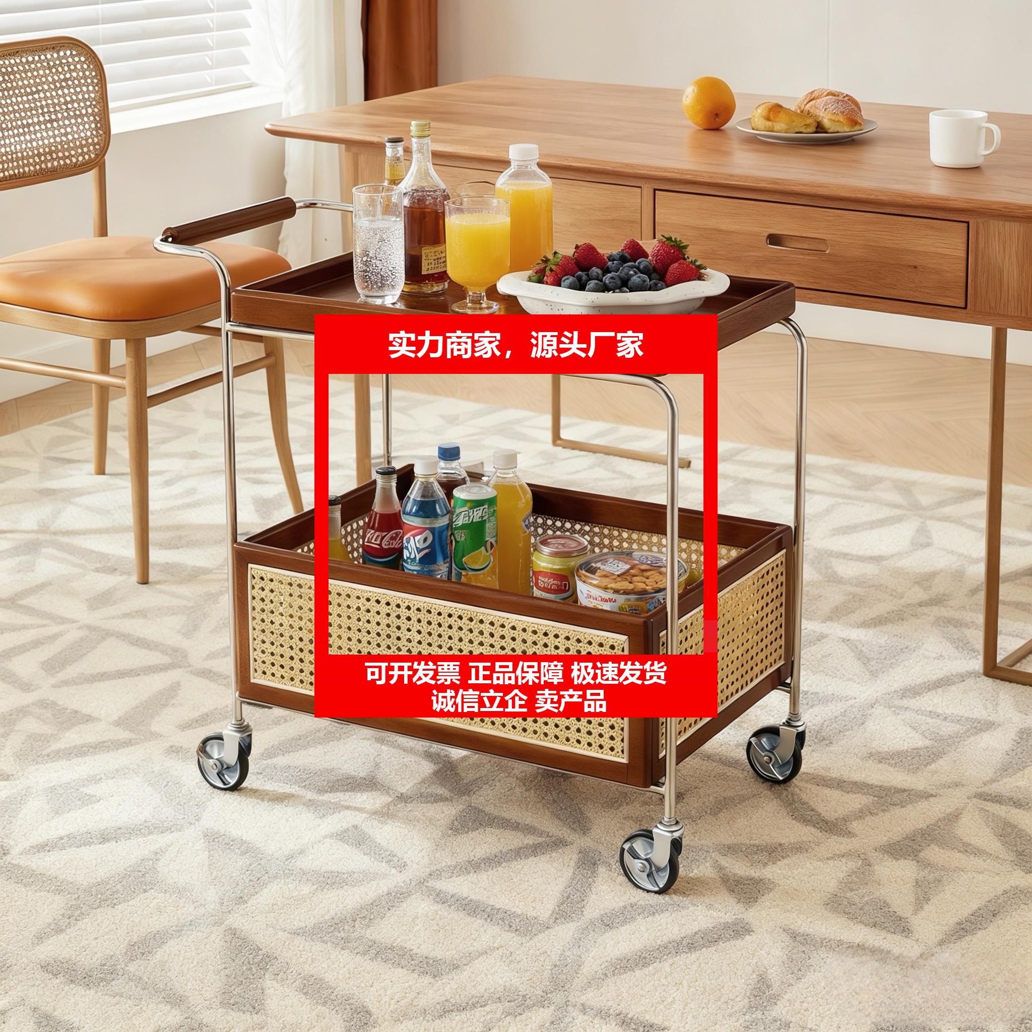 新款实木移动小推车客厅沙发边茶几牀头柜置物零食收纳层架中复古