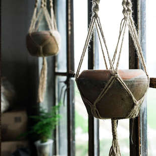 手工麻绳吊绳粗陶盆老式瓦盆复古兰花花盆透气红绿陶悬挂新疆包邮