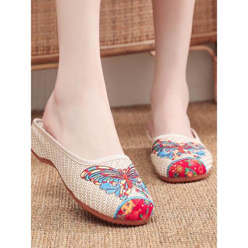 亚麻拖鞋老北京布鞋女士凉鞋民族风休闲百搭包头拖增高软底绣花鞋