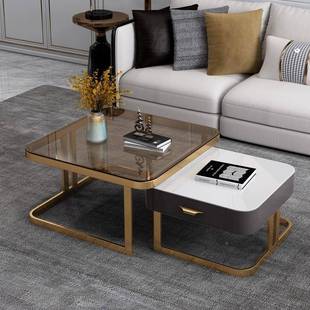 不锈化钢玻璃茶几茶大小组可伸缩意式 小户型大理石合桌子VOZ多功