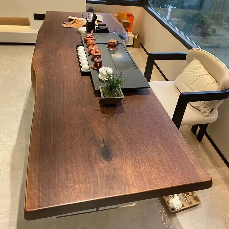 黑胡桃木大板茶桌实木原木新中式设计师办公桌家用餐桌沙发茶台
