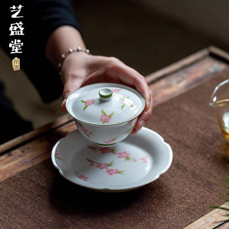 纯绘桃花壶承家用陶茶台瓷DVV盖手碗托中式干盘茶托创意泡花瓣茶