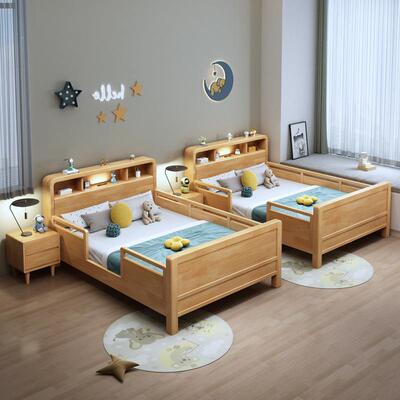带灯全实儿童床带栏1.木2m男单女孩床护1.5米小床人床卧室2117拼