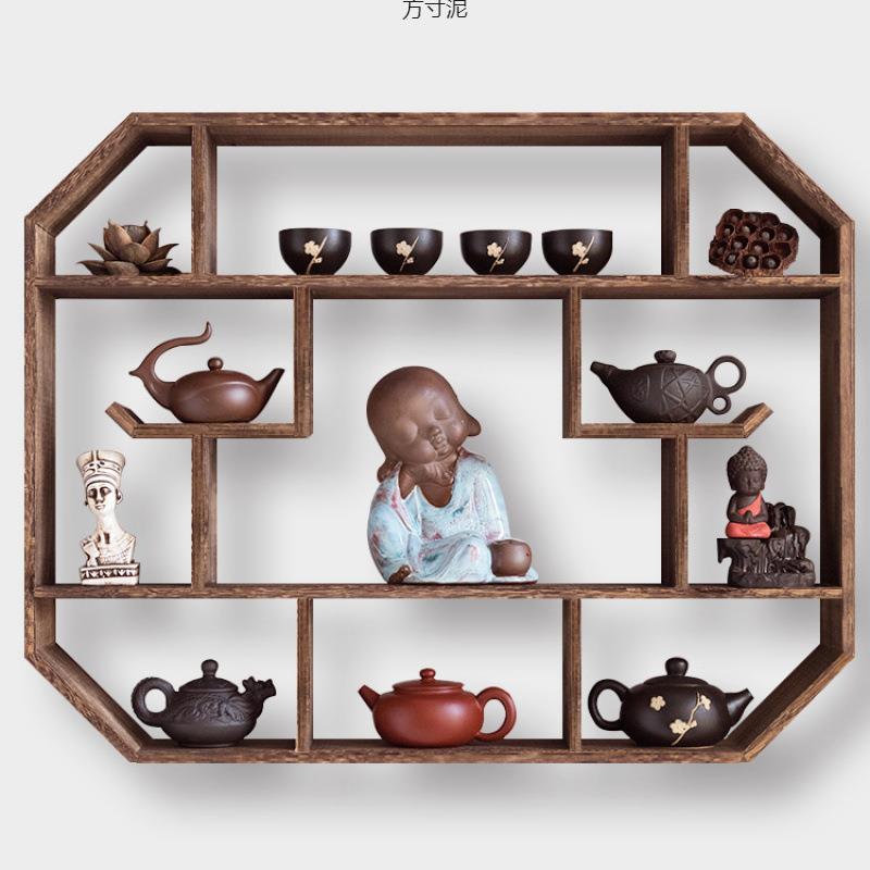 博古架实木中式壁挂式古上客墙厅置物架实木茶茶壶具LWY架子挂墙