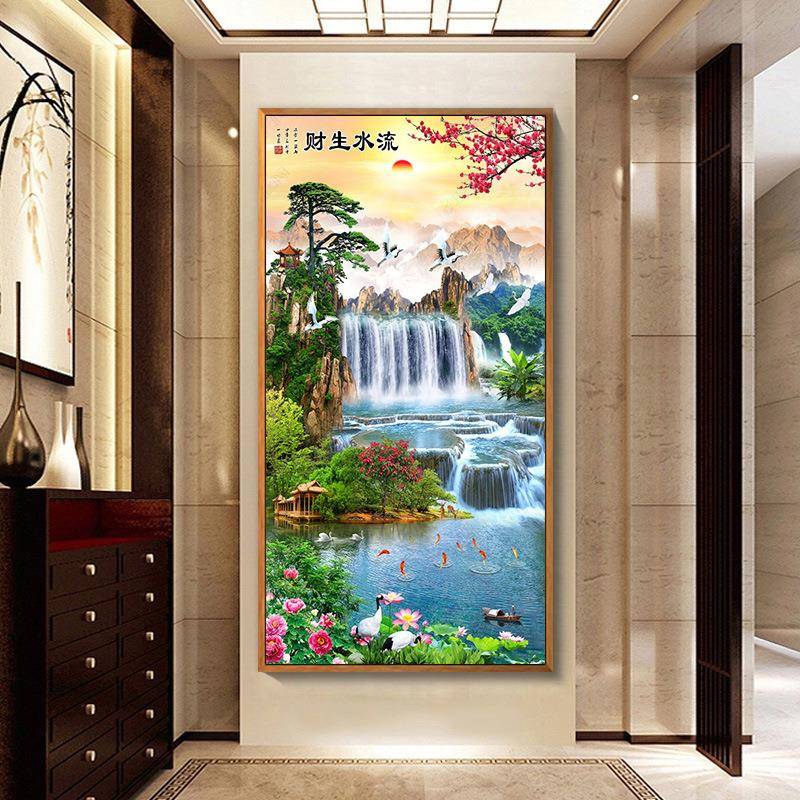 现代入户玄关装饰画竖版走廊尽头挂画新中式山水招财流水生财壁画
