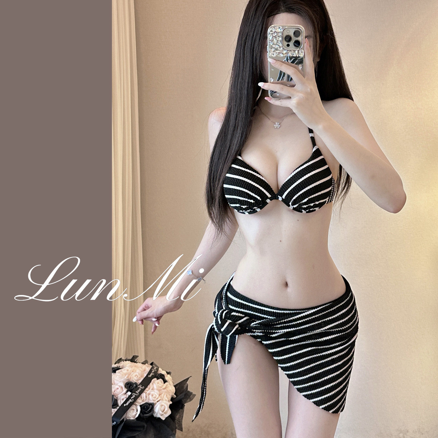 LunMi红白条比基尼三件套钢托聚拢小胸显瘦裙三亚度假温泉泳衣