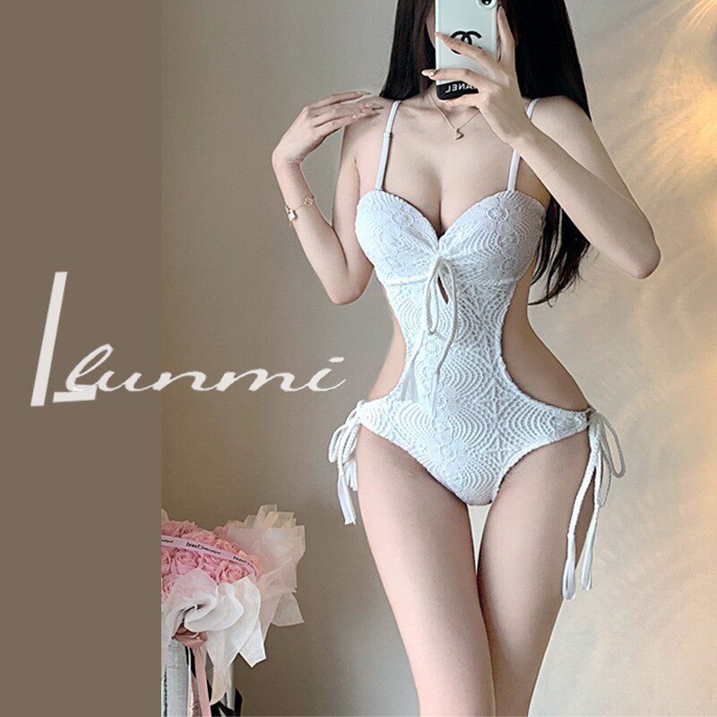 LunMi纶蜜白色蕾丝性感比基尼连体泳衣女小胸聚拢沙滩度假泳装