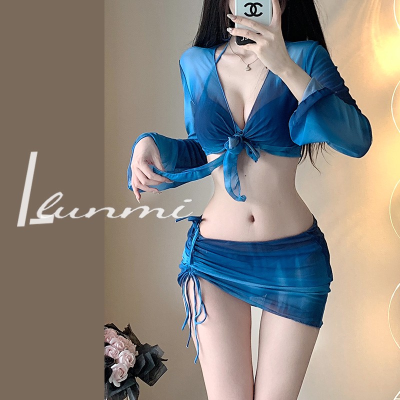LunMi纶蜜比基尼聚拢钢托四件套分体性感纯欲罩衫防晒度假泳装