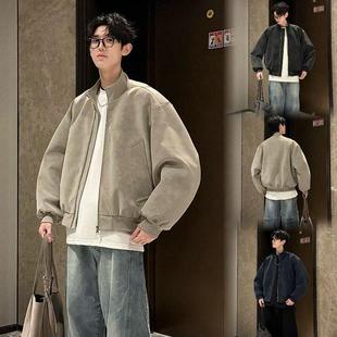 夹克外套男扎染男式 上衣外套 立领脏脏美式 复古立领PU皮夹克加大码