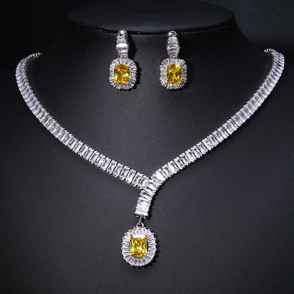 高品质新款铜材质电镀白金锆石耳环项链套装欧美首饰晚宴婚礼配饰