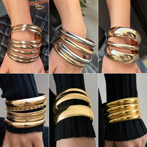 欧美跨境时尚金属风光面手镯套装女 个性夸张螺纹宽手环bracelet