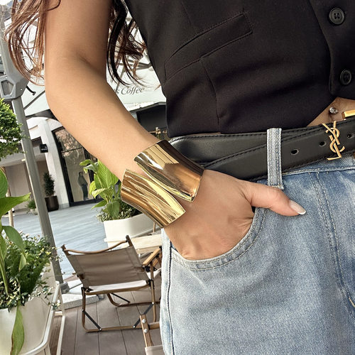 欧美跨境设计感不规则金属宽手镯Bracelet夸张朋克光面弹簧手环女