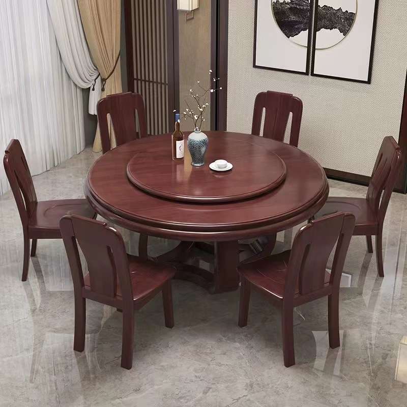 全实木圆形餐桌带转盘1.8米大圆桌1.5米10人中式家用圆餐桌椅组合
