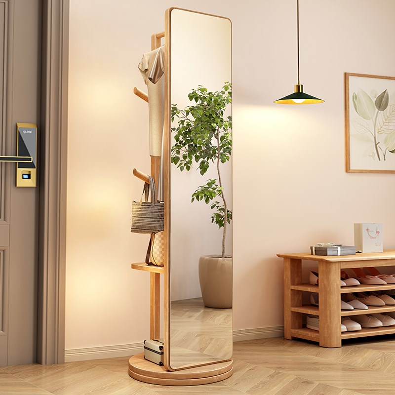 穿衣镜实木全身镜落地镜家用试衣镜子卧室可旋转移动带挂衣架一体