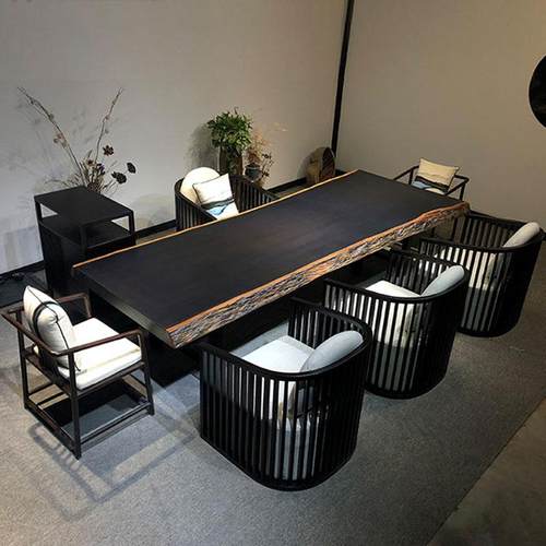 黑檀实木大板桌茶台茶板老板办公桌新中式桌椅组合2米原木茶桌