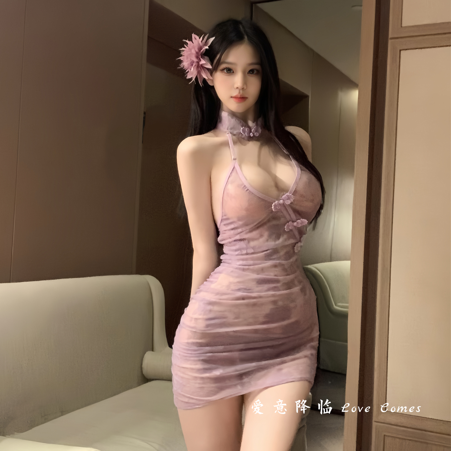 性感睡裙女网纱旗袍收腰显身材挂脖紧身包臀裙纯欲情趣味睡衣qqny