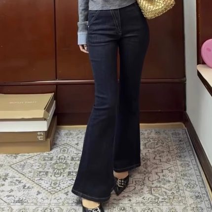 正确版CDOU A1现货显瘦女款弹力水洗色微喇拖地复古深蓝牛仔裤女