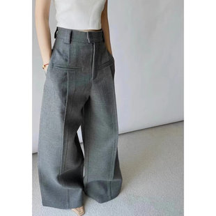 小众设计 笔挺有型宽松休闲阔腿拖地六口袋西裤直筒复古阔腿裤女
