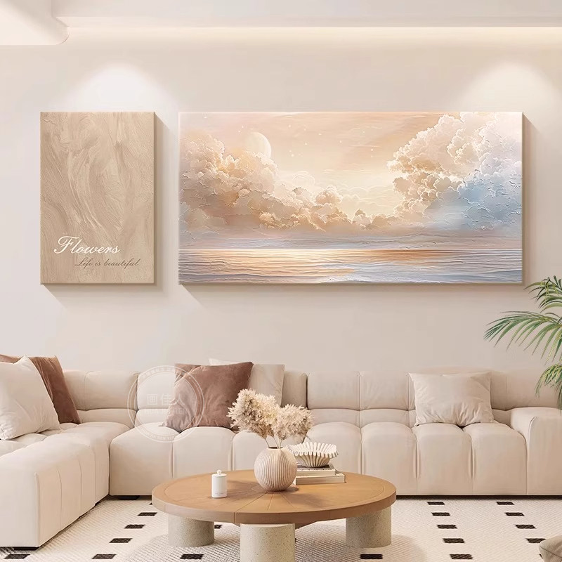 奶油风客厅装饰画艺术肌理感沙发背景墙挂画2026新款简约双联壁画