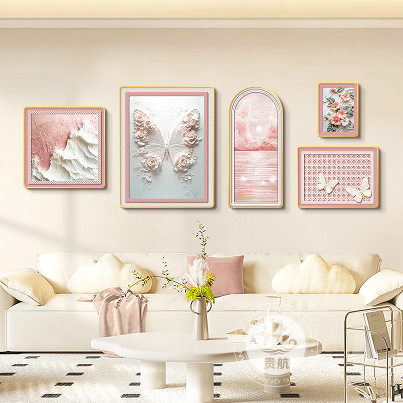 法式奶油风蝴蝶客厅装饰壁画2026新款抽象艺术沙发背景墙组合挂画