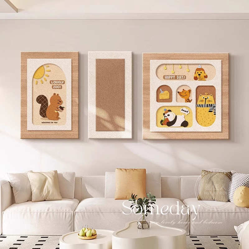 奶油风客厅装饰画2026新款沙发背景墙挂画卡通动物高级感壁画三联