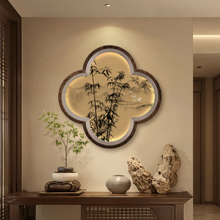 宋代美学入户玄关柜挂画中古风茶室挂画竹子客厅背景墙立体砂岩画