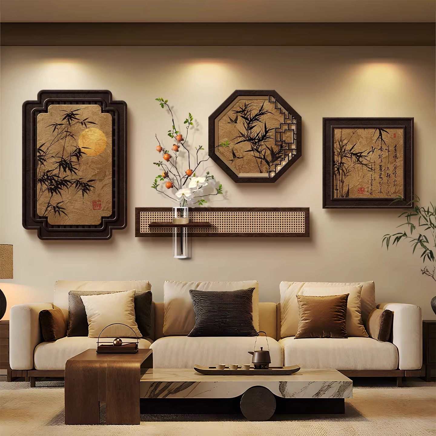 宋代美学竹子客厅装饰画高级感沙发背景墙挂画新中式水墨组合壁画