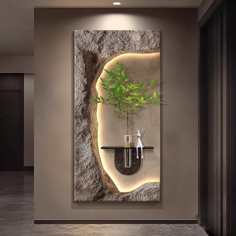 轻奢高级感入户玄关装饰画2025新款水培绿植挂画立体砂岩走廊壁灯图片