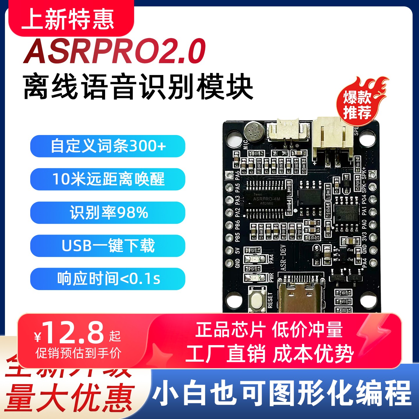 ASRPRO2.0离线语音识别模块 天问开发板AI离线语音 串口一键下载图片