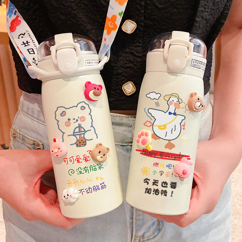 保温杯女可爱超萌少女心水杯韩式简约便携带吸管潮流个性网红杯子