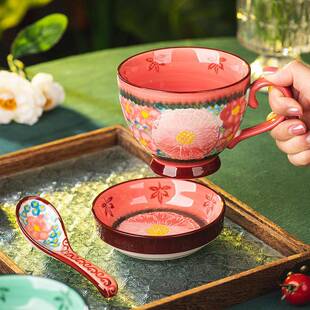 绿影粉黛陶瓷杯子家用喝水杯办公室复古超好看早餐杯情侣杯咖啡杯