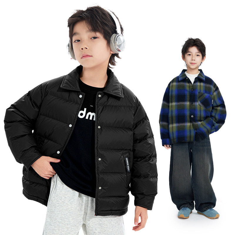 男童轻薄羽绒服三防两面穿格子衬衫冬装2025新款儿童外套中大童90