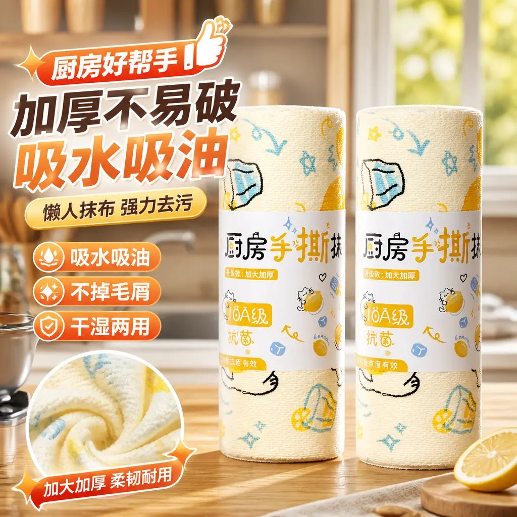 周抛抹布加厚厨房手撕懒人百洁布10A抗菌干湿两用一次性洗碗布-