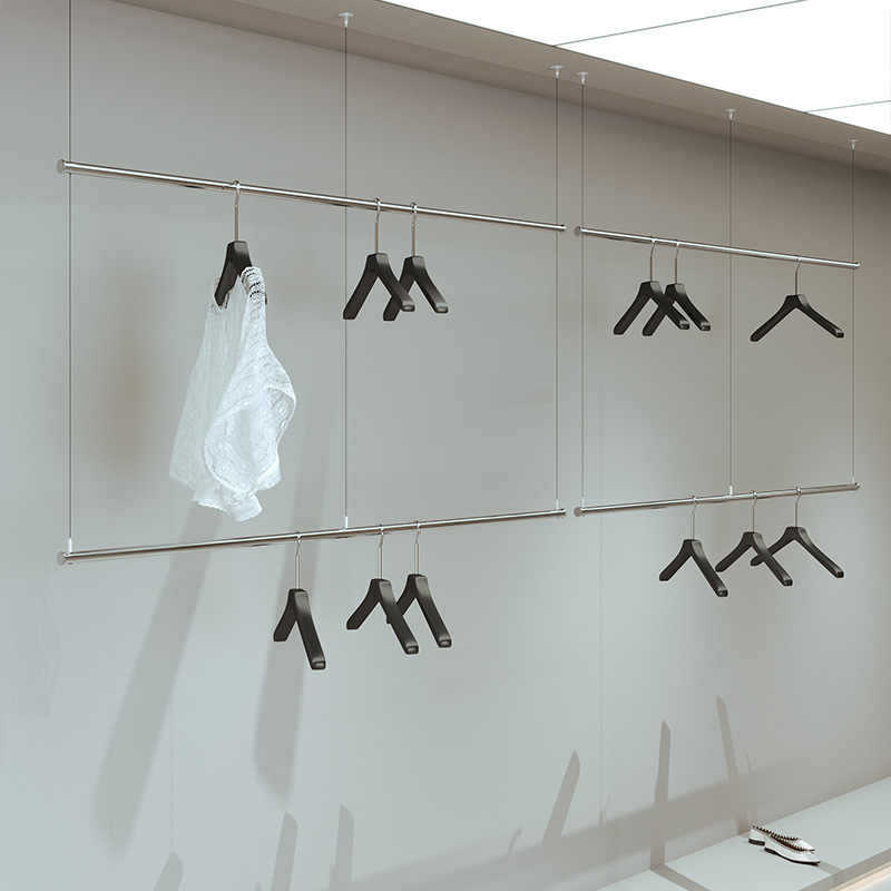服装店橱窗展示架钢丝绳悬挂吊架不锈钢女装升降挂衣杆陈列货架子