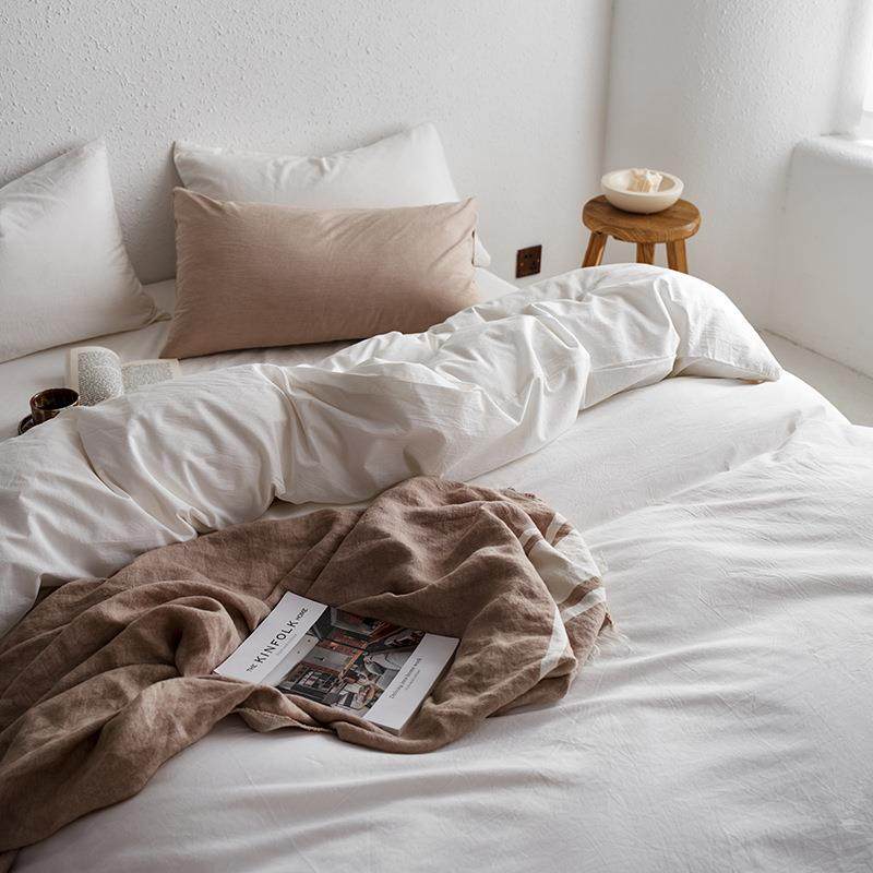 北欧色织水洗全棉四件套100纯棉纯色白简约床品床单被套宿舍三件4