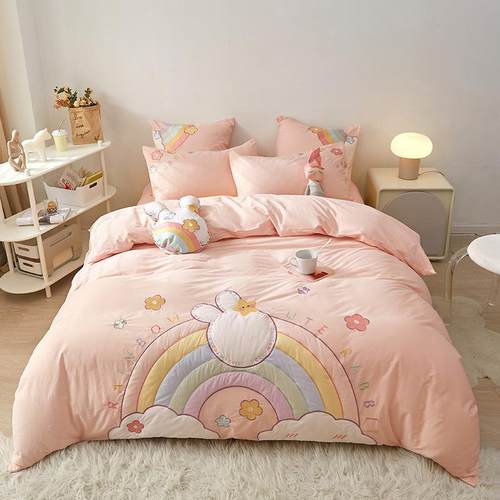 卡通可爱全棉床上四件套纯棉床单笠被套罩女孩宿舍三件套1.5/8m粉