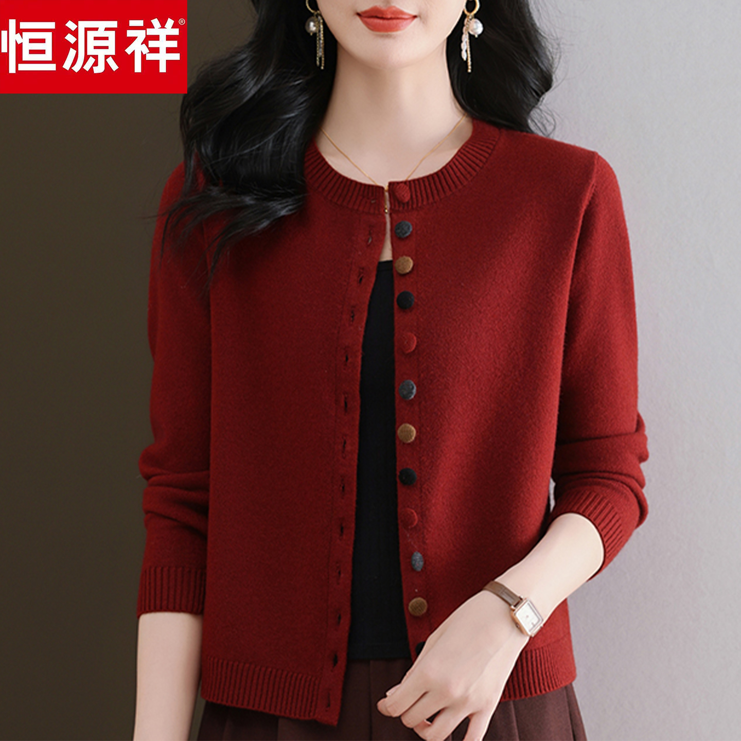 恒源祥羊毛衫开衫短款外套妈妈装